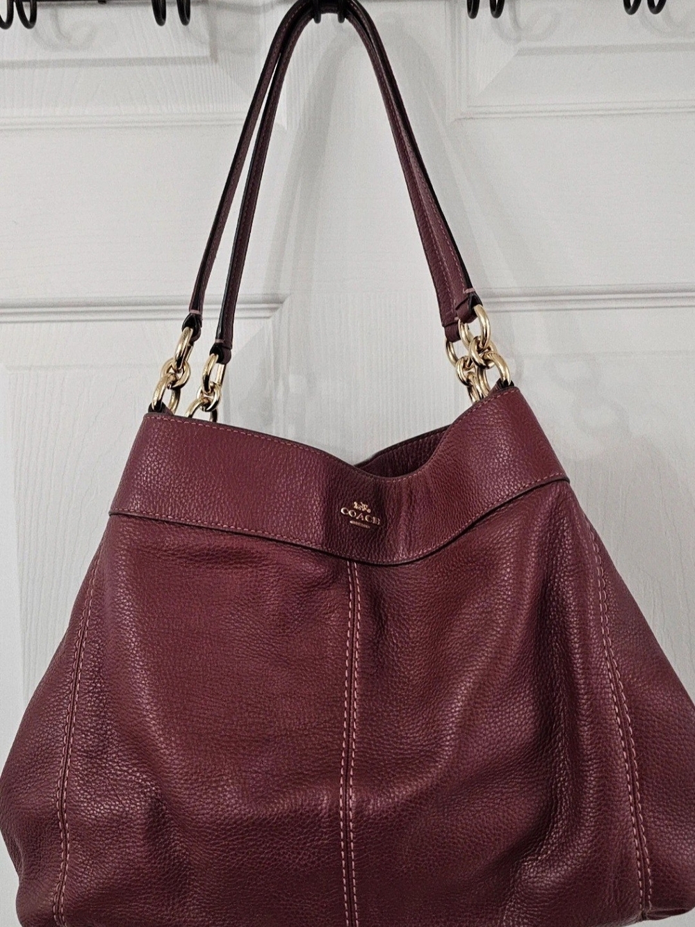 Coach Pebbled Leather Shoulder Bag in Wine with Gold Hardware